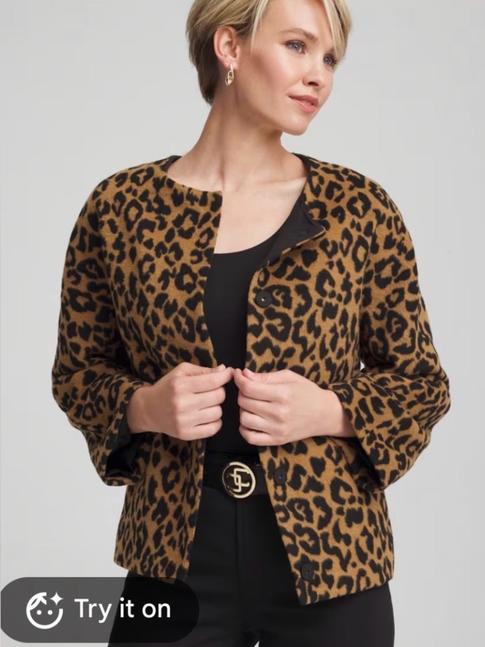 Chico’s Fuzzy Collarless Leopard print jacket Medium size LIKE NEW